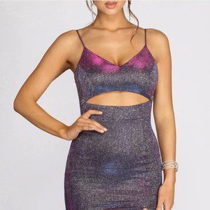 Windsor Marisol Shining High Slit Dress Size Small Purple Silver Fuchsia Glitter